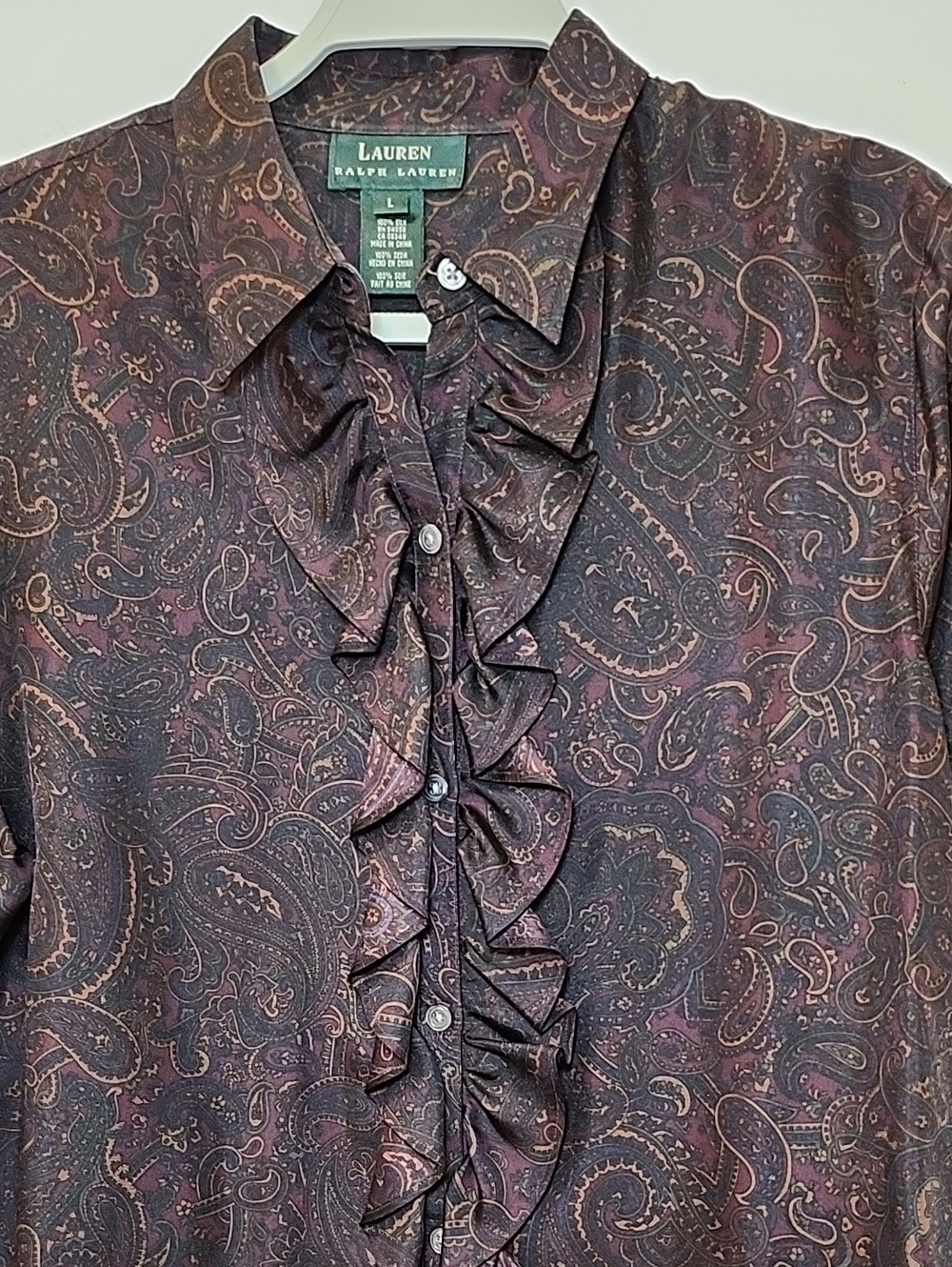 Ralph Lauren Women's 100 % Silk formal blouse paisley print  ruffle front Size L - Picture 15 of 16